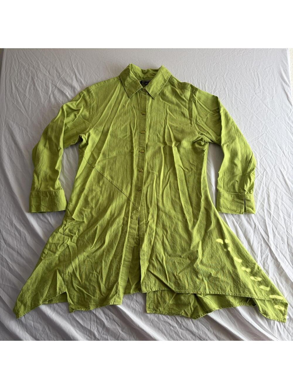 Button Up Tunic Linen Blend Chartreuse GreenAsymmetrical Hem Rectangular Buttons